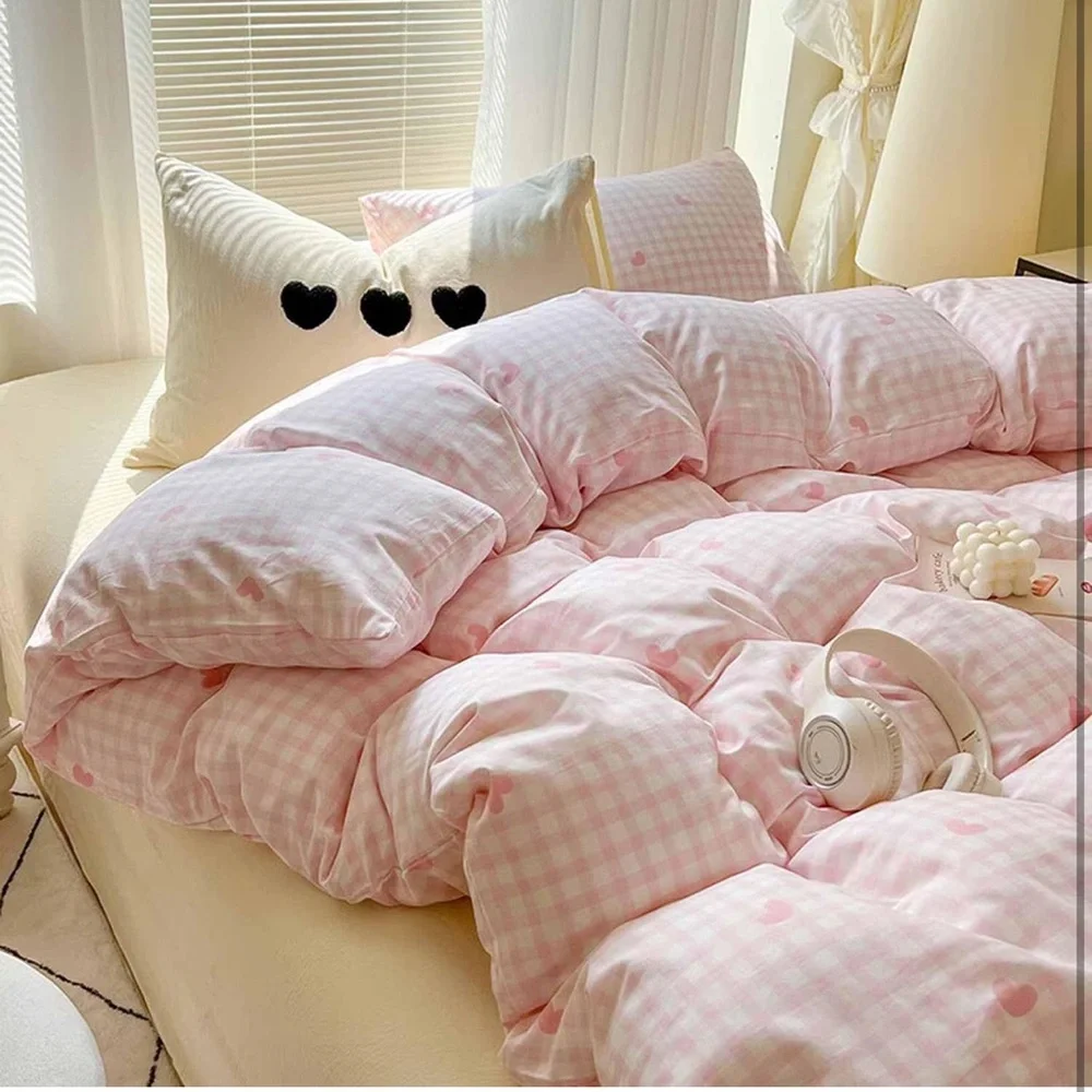 Twin Pink Heart Check Duvet Cover Set - Home Bedding
